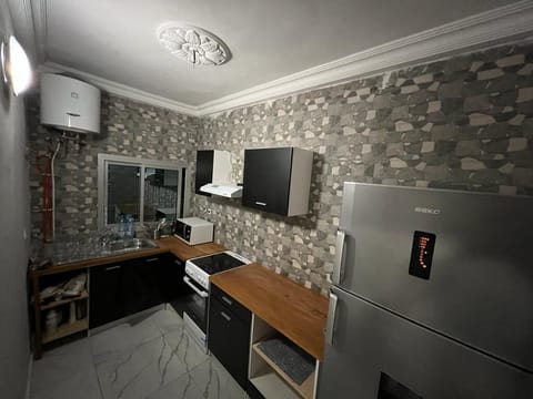 Microwave, oven, dining tables