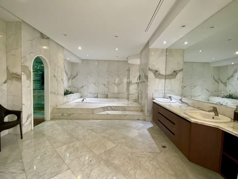 Combined shower/tub, jetted tub, towels, toilet paper