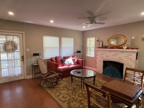 Smart TV, fireplace, books