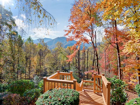 View from the walkout deck with staircase taking you down to the firepit.