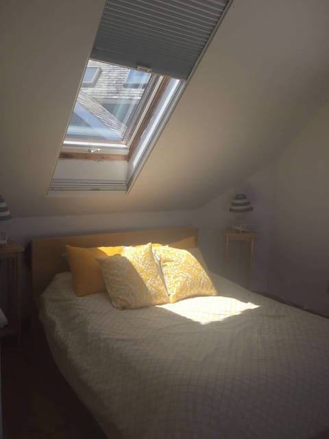 Second bedroom with large bed, skylight, and opens to a small patio
