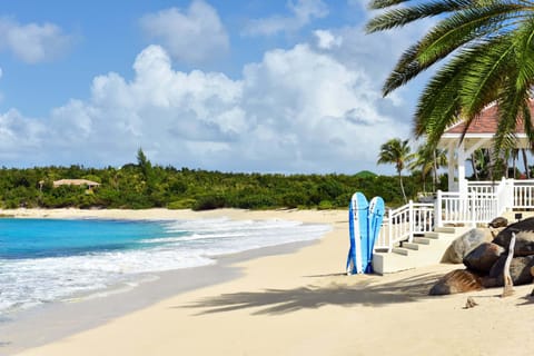 On the beach, sun loungers, beach towels