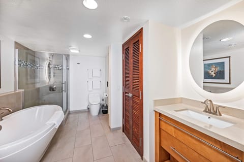 Combined shower/tub, hair dryer, towels