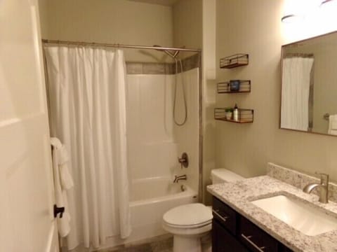 Combined shower/tub, hair dryer, towels, soap