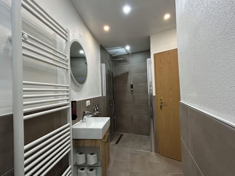 Combined shower/tub, hair dryer, towels, soap