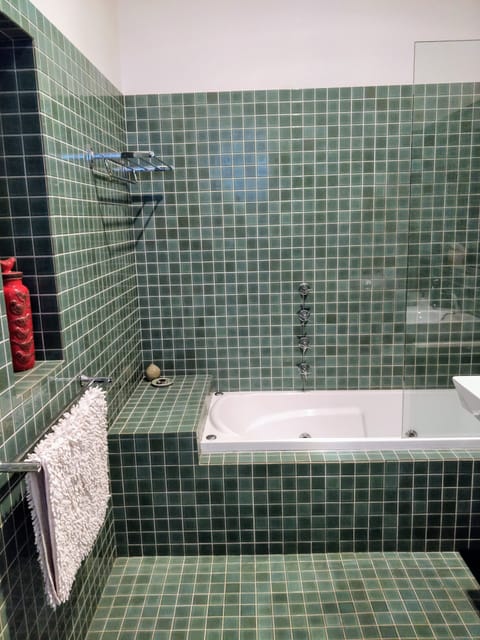 Combined shower/tub, jetted tub, hair dryer, towels