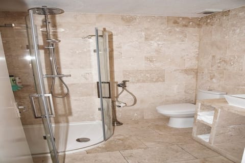 Combined shower/tub, hair dryer, towels