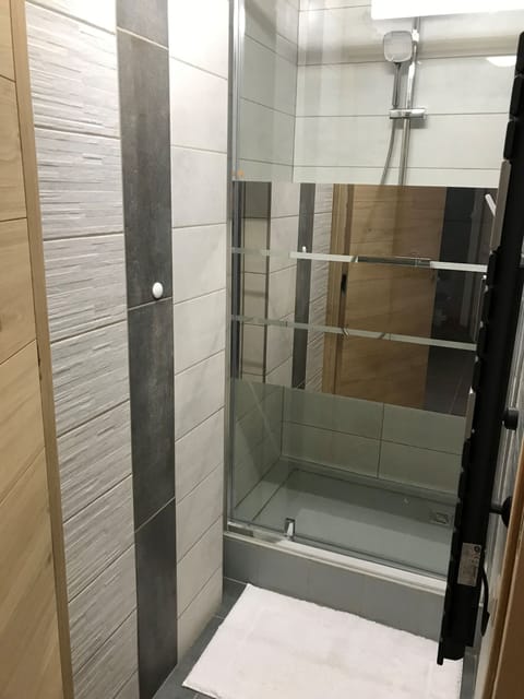 Combined shower/tub, hair dryer, towels, toilet paper