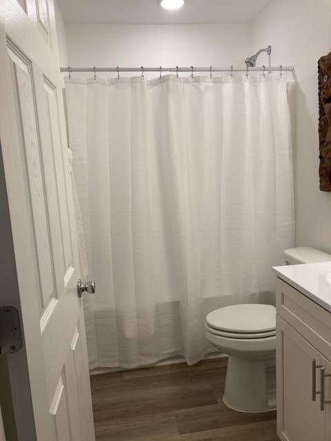 Combined shower/tub, towels, soap, toilet paper