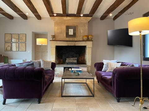 The salon features a stone fireplace and a large television.