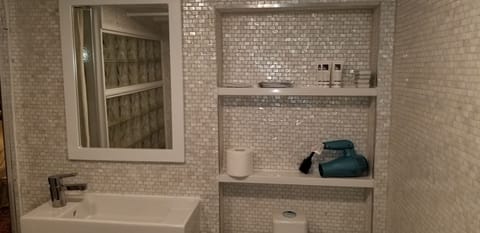 Combined shower/tub, hair dryer, towels