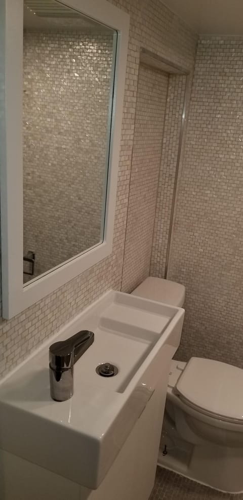 Combined shower/tub, hair dryer, towels