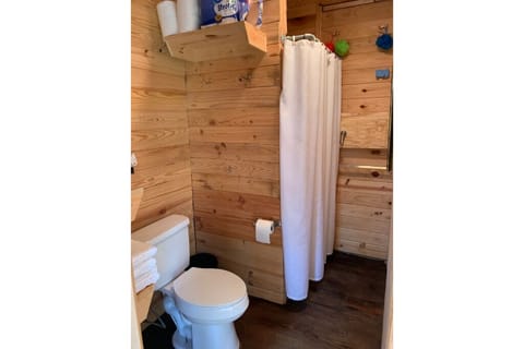 Combined shower/tub, towels, toilet paper