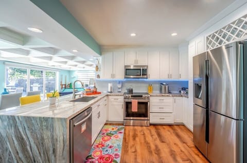 Fully stocked kitchen. Has everything to cook delicious, elaborate meals and feel at home while being on vacation