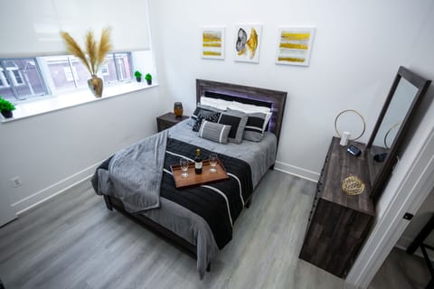 Modern, relaxing, comfy bedroom. Wireless speaker also included.