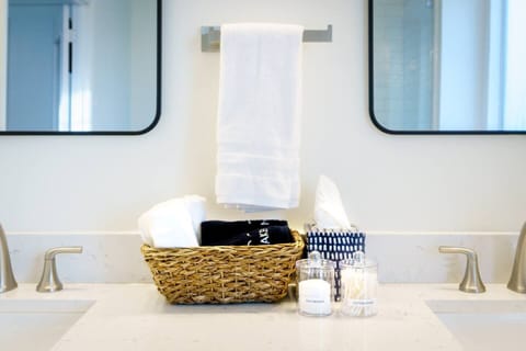 Combined shower/tub, hair dryer, towels, soap