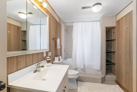 Combined shower/tub, hair dryer, towels, soap