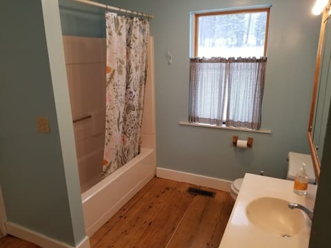 Combined shower/tub, hair dryer, towels, soap