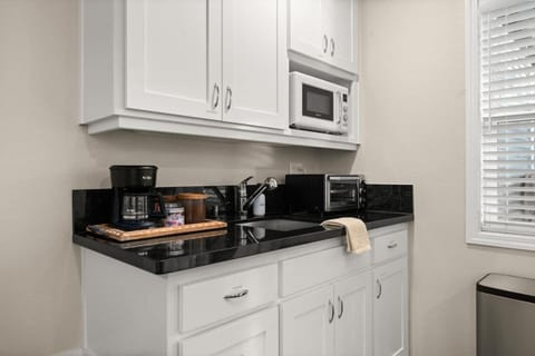 Kitchenette is complete with a coffee bar, sink, microwave, toaster oven, electric stovetop, and minifridge