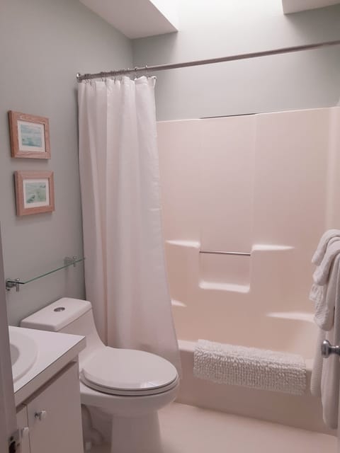 Combined shower/tub, hair dryer, towels, soap