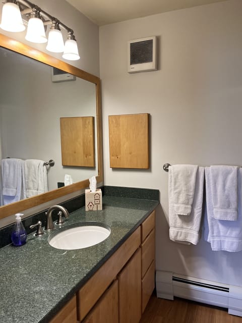 Combined shower/tub, hair dryer, towels, soap