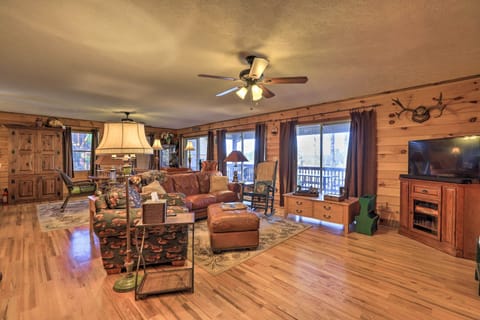 TV, fireplace, books