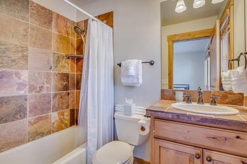 Combined shower/tub, hair dryer, towels