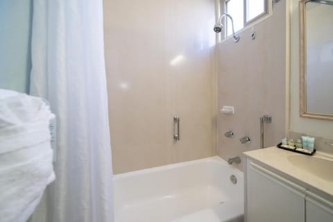 Bathroom with shower and tub. Basic toiletries and towels are provided