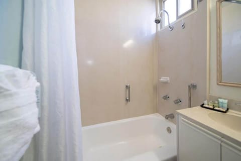 Combined shower/tub, hair dryer, towels