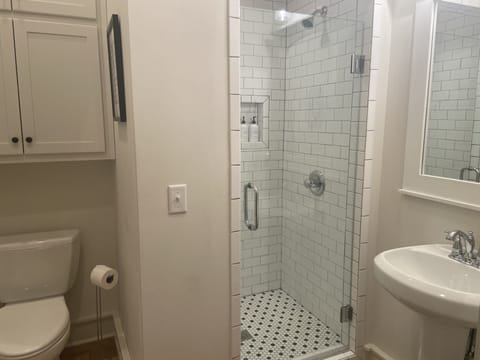 Combined shower/tub, towels, soap, toilet paper