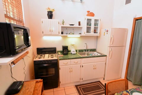 Fridge, microwave, stovetop, coffee/tea maker