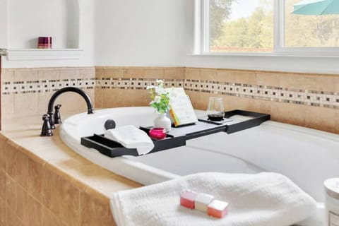 Bathtub, hair dryer, towels, soap