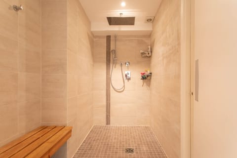 Combined shower/tub, hair dryer, towels, soap