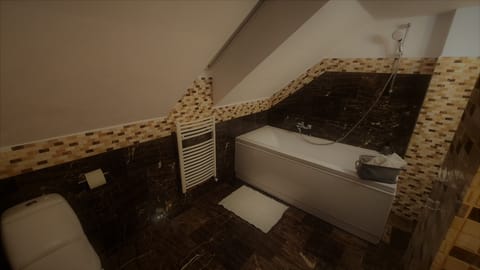 Combined shower/tub, hair dryer, towels, soap