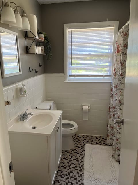 Combined shower/tub, towels, toilet paper