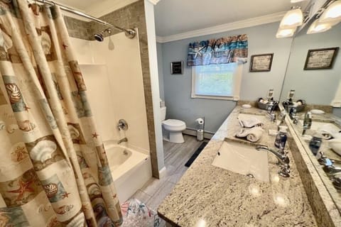 Combined shower/tub, towels