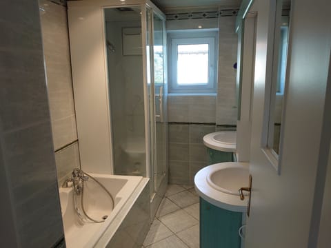 Combined shower/tub, hair dryer