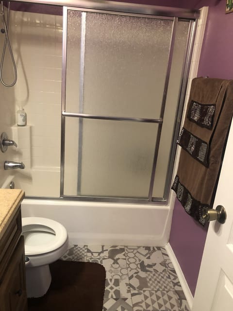 Combined shower/tub, bidet, towels, soap