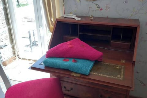 A double bed with patio doors