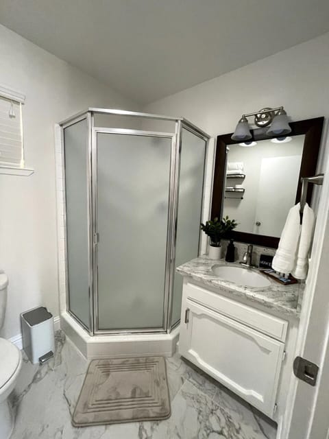 Combined shower/tub, hair dryer, towels