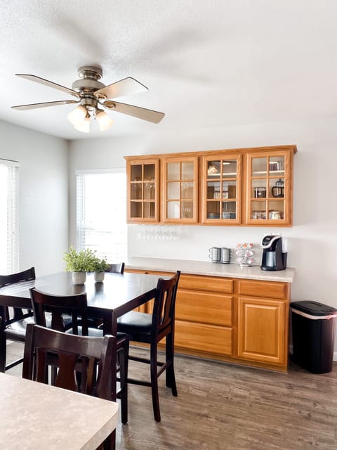 Kitchen buffet with Keurig coffee maker and French Press