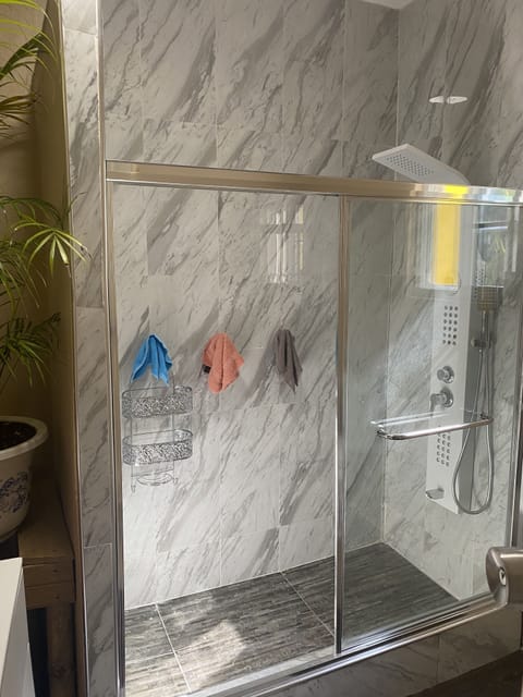 Shot of our rainfall shower with built-in bluetooth.
