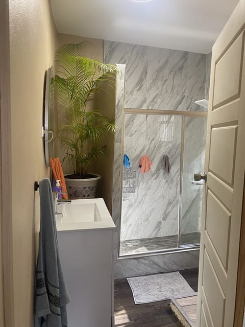 We added a little bit of tropical paradise to our full bathroom.
