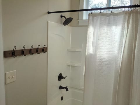 Combined shower/tub, hair dryer, towels, soap