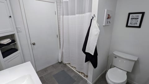 Combined shower/tub, hair dryer, towels, soap