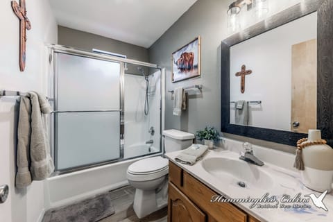 Combined shower/tub, hair dryer, towels