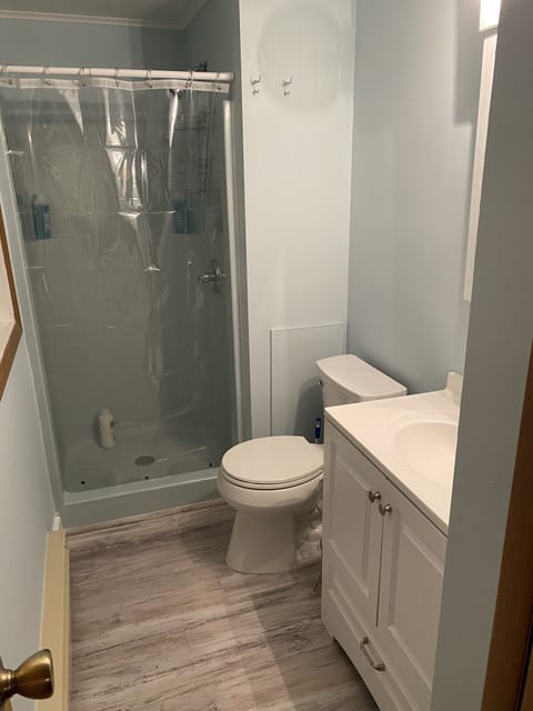 Combined shower/tub, towels, soap, shampoo