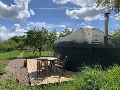 Outdoor patio area amongst the orchard trees