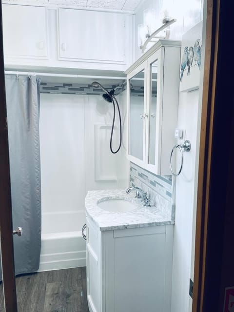 Combined shower/tub, hair dryer, towels, soap