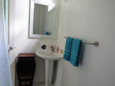 Combined shower/tub, hair dryer, towels, soap